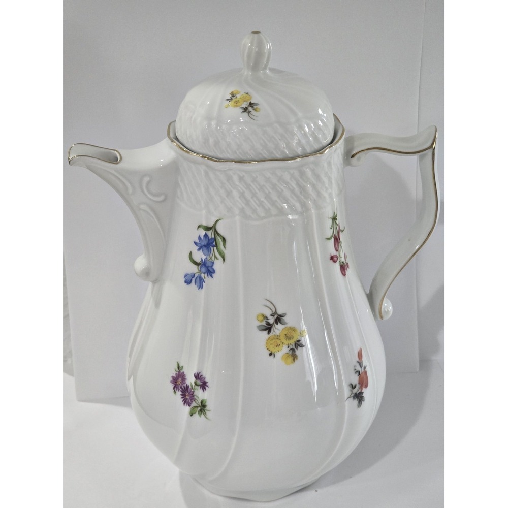Schirnding Bavaria Porcelain Floral Coffee Pot 140 White Multicolor Glossy VTG